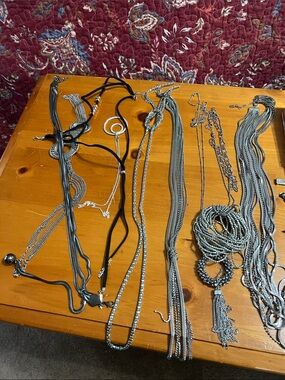 Bundle of Mixed Silver-Tone Necklace Lot - Layering Chains & Beaded Styles